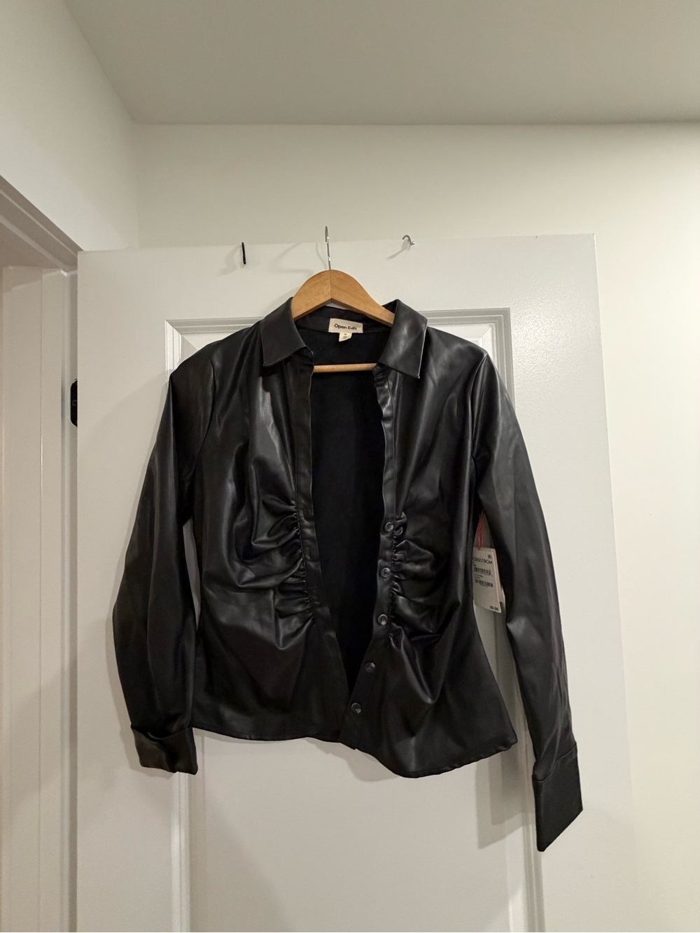 Nordstrom Black Faux Leather Ruched-Front Shirt Jacket